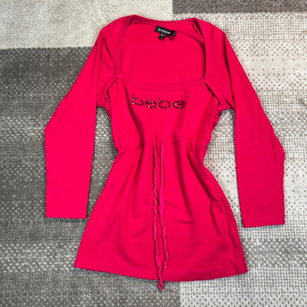 Y2K Bebe Womens Hot Pink Rhinestone Logo Long Sleeve Square Neck Top Large USA